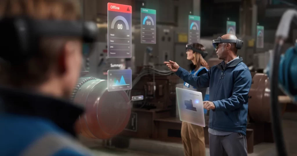 Three employees inside a factory are looking at 3D reports through HoloLens headset.